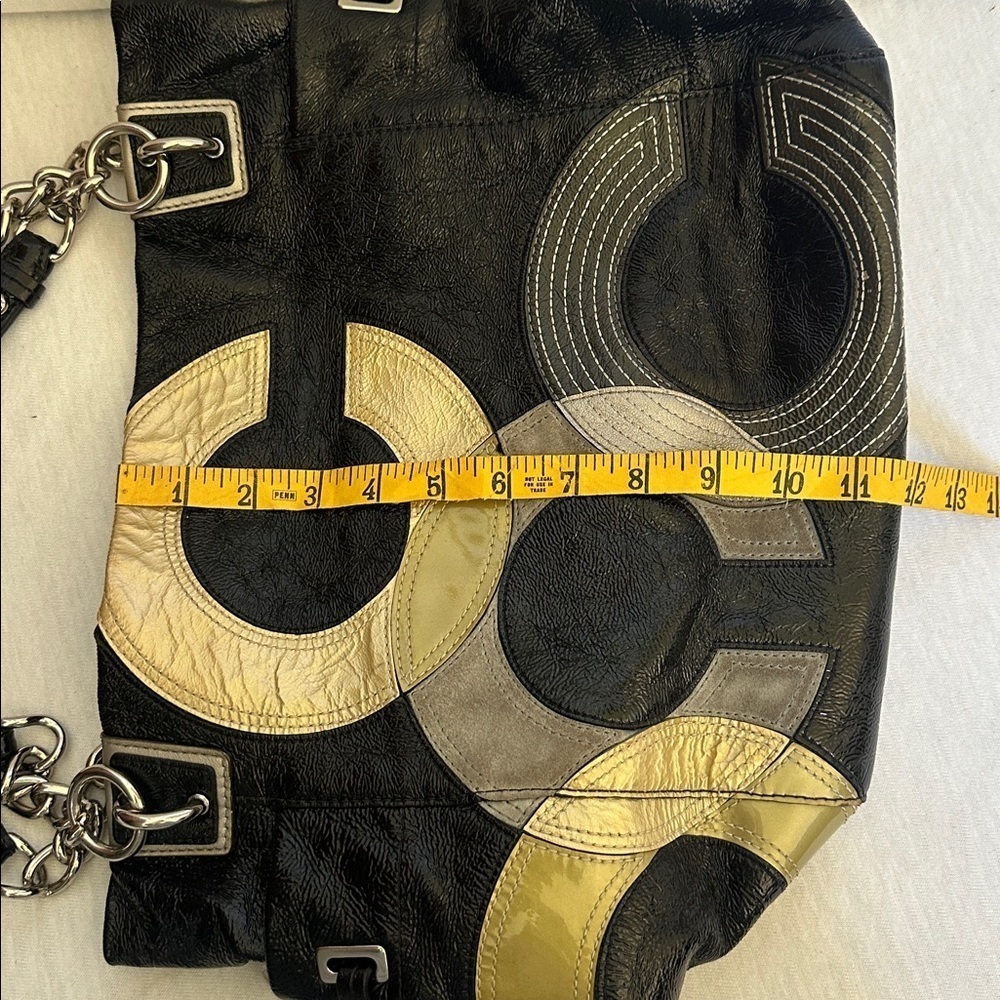 Coach Vintage “C” Signature Inlaid Black Gray Gold Patent Leather Peyton Tote - Picture 4 of 16